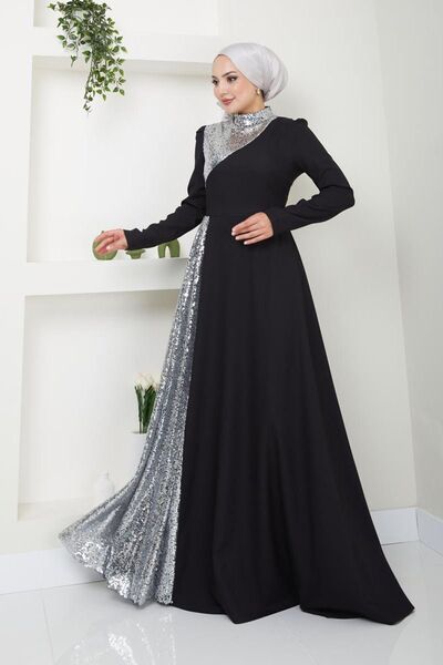 Ayşe Melek Kadın Giyim Abiye Moda Pullu Krep Uzun Tesettür Ebiye Elbise 2719