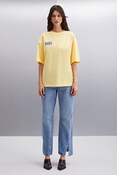 GRIMELANGE Gillian Women's - Front and Back Printed Oversize Cotton Yellow T-Shirt