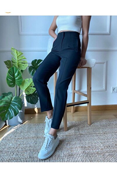 dossy dossy Kadın Simsiyah Solmaz Yüksek Bel Fermuar Kapama Pensli Zra Model Kumaş Pantolon Munora Butik