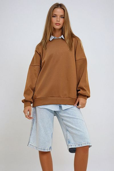 VAGGON Γυναικείο φούτερ καφέ Crew Neck Oversize Prmx12565
