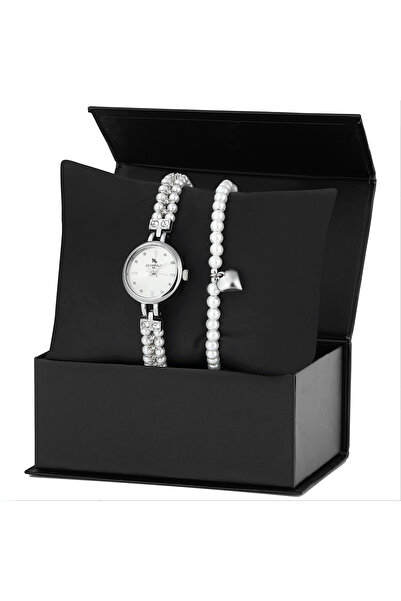 Forentina İncili Gri Metal Kol Saati-İncili Kalpli Bileklik Kombin Set PS3854