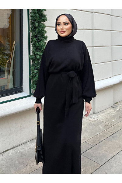 SAHRA BUTİK BALON KOL KEMERLİ ELBİSE - Siyah - SAHRA BUTİK