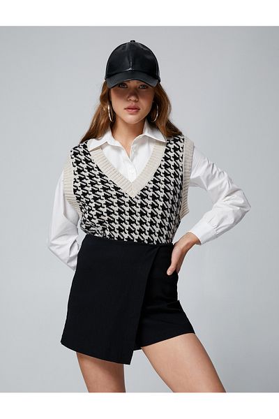 Koton Pulover cu decolteu în V, tricotat cu nervuri, cu model picior de gală