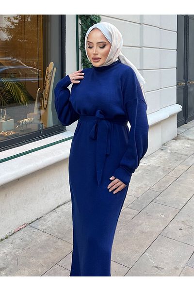 SAHRA BUTİK Balloon Sleeve Belt Dress - Navy Blue - Sahra Butik