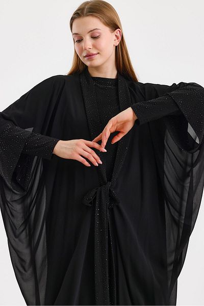 Zühre Bat Sleeve Stone Detailed Black Evening Dress Double Suit Tk-1314