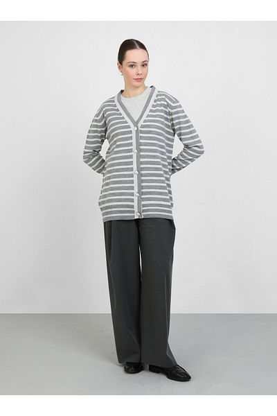 Refka Gray Striped Blouse & Cardigan Double Knitwear Set