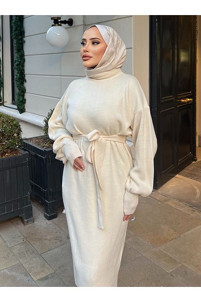 SAHRA BUTİK Balloon Sleeve Belt Dress - Ecru - Sahra Butik