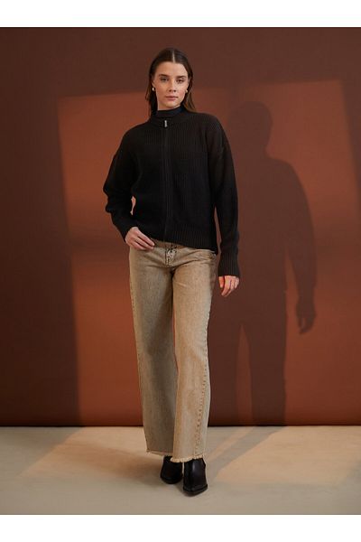 Benin Tricotaj Negru Bomber Cardigan - Detaliat Fermoar - Benin