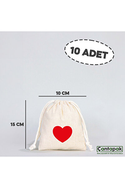 ÇANTAPAK ÇANTAPAK BÜZGÜLÜ HAM BEZ KESE 10 X 15 CM (10 ADET ) KIRMIZI KALP BASKILI