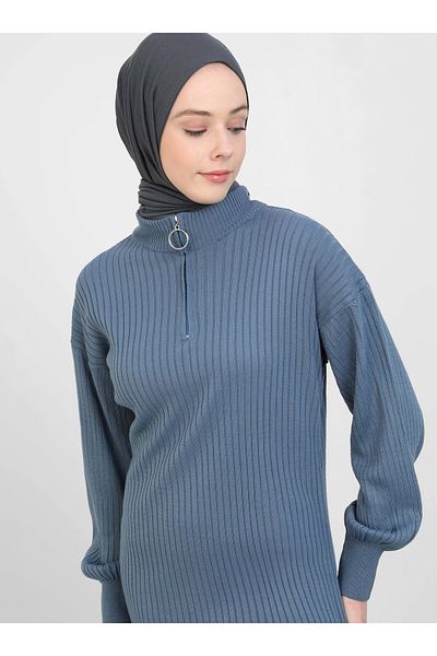 Por La Cara Dark Indigo Knitwear Hijab Dress - Por La Cara