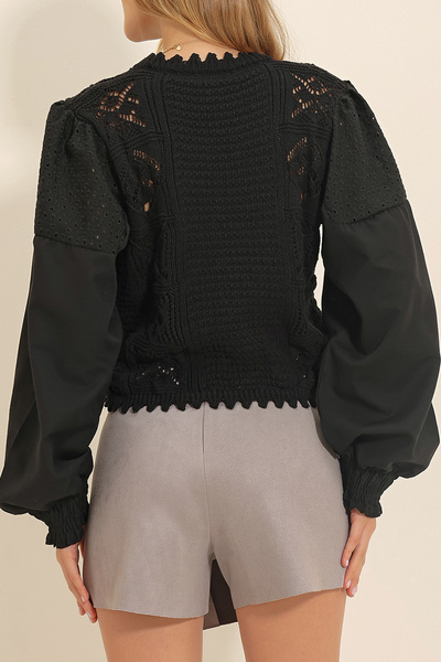 VAGGON Women's Black Crew Neck Openwork Sleeves Scalloped Crop Knitwear Cardigan Vgn-X10077