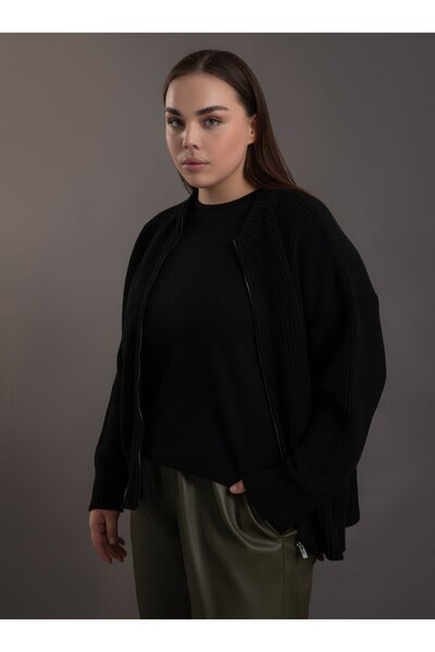 ALİA Large Size Knitwear Bomber Cardigan with Zipper Detail - Black - Alia