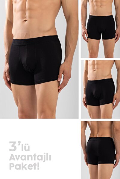 BAYKAR Erkek Compact Pamuklu Düz Boxer 3'lü Paket Siyah