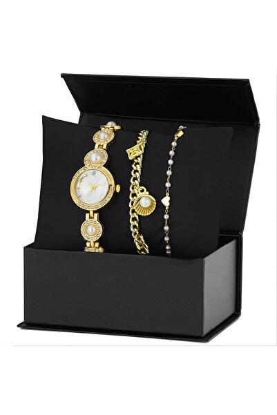 Forentina İncili Gold Metal Kol Saati 2li İnci Bileklik Kombin Set PS3853