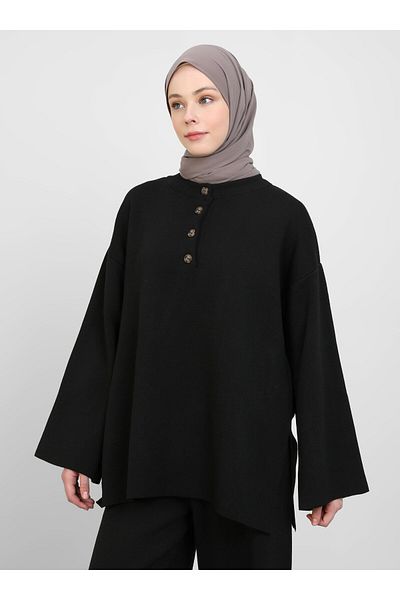 Refka Button Detailed Knitwear Set - Black - Refka