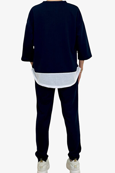 VAGGON Navy Blue Women's Blouse and Pants Set - Crew Neck, Double Pocket Prm0835