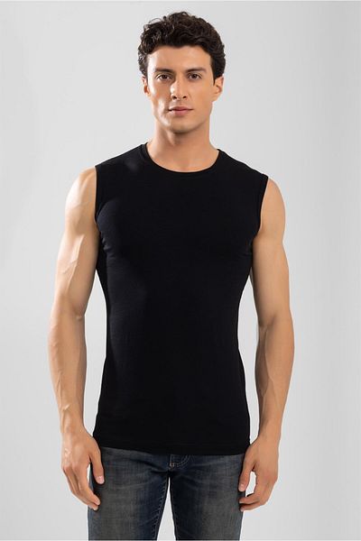 BAYKAR Men's Crew Neck Sleeveless Cotton Body Flannel T-Shirt Black