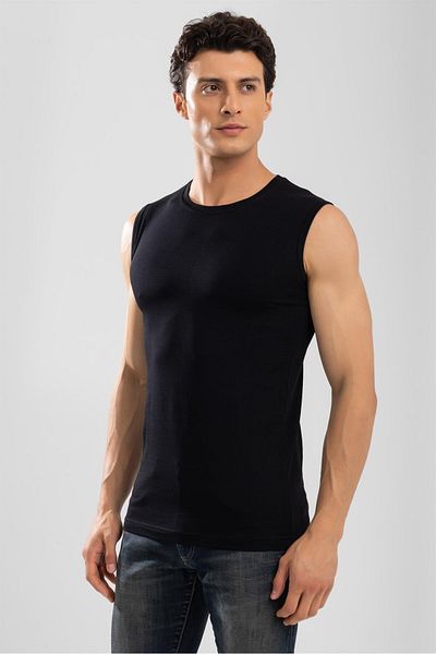 BAYKAR Men's Crew Neck Sleeveless Cotton Body Flannel T-Shirt Black