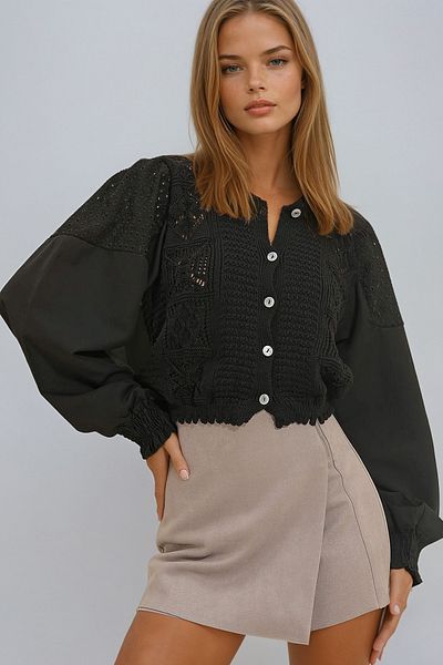 VAGGON Women's Black Crew Neck Openwork Sleeves Scalloped Crop Knitwear Cardigan Vgn-X10077