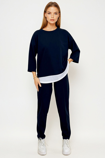 VAGGON Navy Blue Women's Blouse and Pants Set - Crew Neck, Double Pocket Prm0835