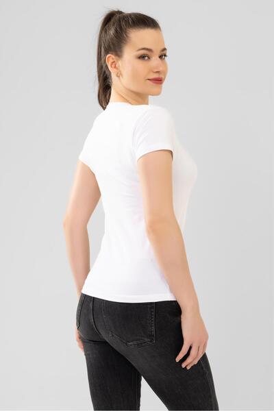 BAYKAR White V-Neck Short Sleeve Cotton Women's T-Shirt - 6664