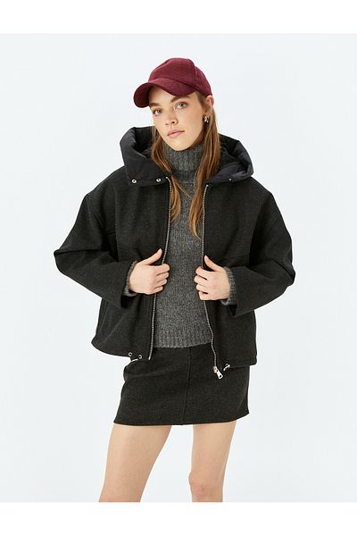Koton Oversize Jacket with Hooded Zipper Pockets