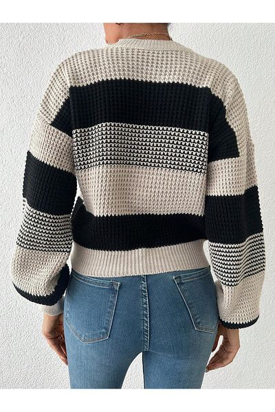 AQE FASHION Pulover de damă cu decolteu rotund blocat negru/piatră
