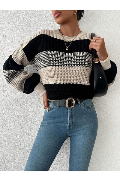 AQE FASHION Pulover de damă cu decolteu rotund blocat negru/piatră