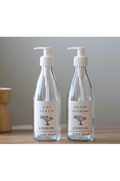 JUIWI 2li Set Beyaz Boş Şeffaf Cam Şişe Bulaşık Deterjanlık Sıvı Sabunluk 2x330ml