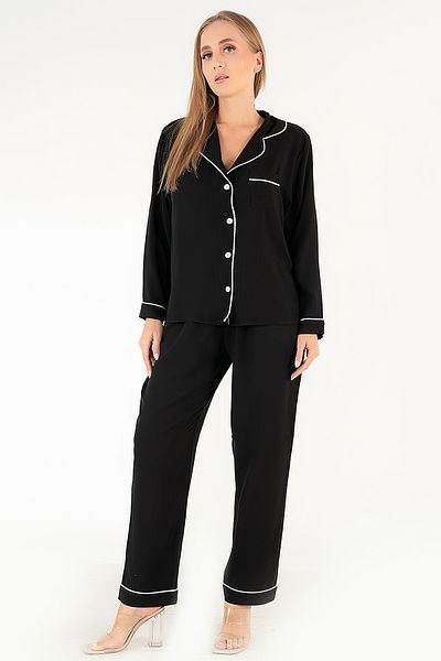 kingspearl Set de pijamale negre pentru femei cu mâneci lungi