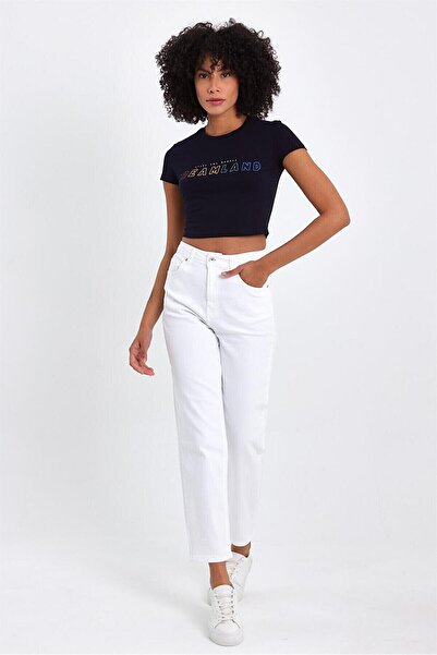 MAKRAS EXCLUSIVE A189542 Women's White Slim Mom Jeans High Waist Jeans Skinny Leg Jeans
