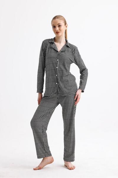 Kompedan Kadın Süet Önden Düğmeli Pijama Takımı | Siyah - Beyaz