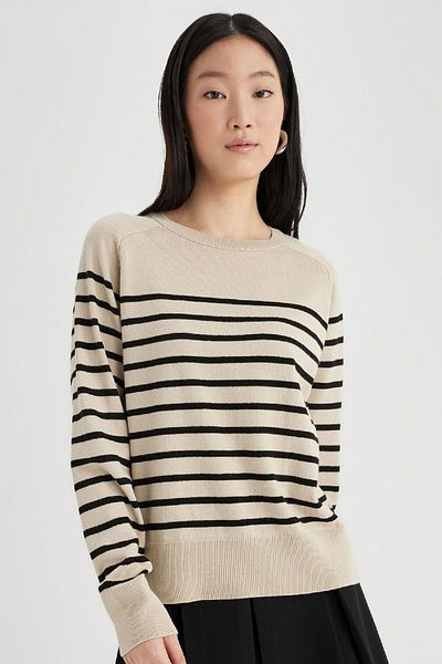 DeFacto Regular Fit Soft Textured Crew Neck Striped Knitwear Sweater Z1317Az24Wn