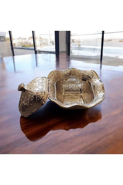 Bakır Center Copper Sugar Bowl Hand Embroidered Square Leg Copper Turkish Delight Bowl Silver Color Nickel Sugar Bowl