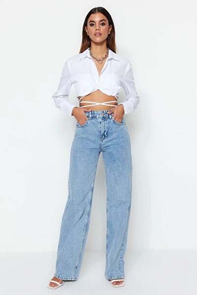 MAKRAS EXCLUSIVE A164654 Blue Snow Wash Lycra Women's Super High Waist Wide L...