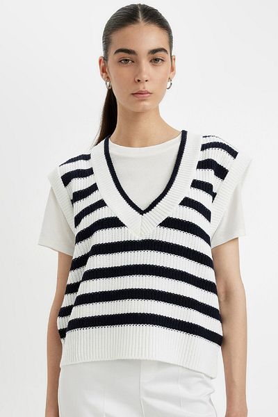 DeFacto Gestreifter Thessaloniki-Strickpullover mit V-Ausschnitt – reguläre Passform C2658ax24au