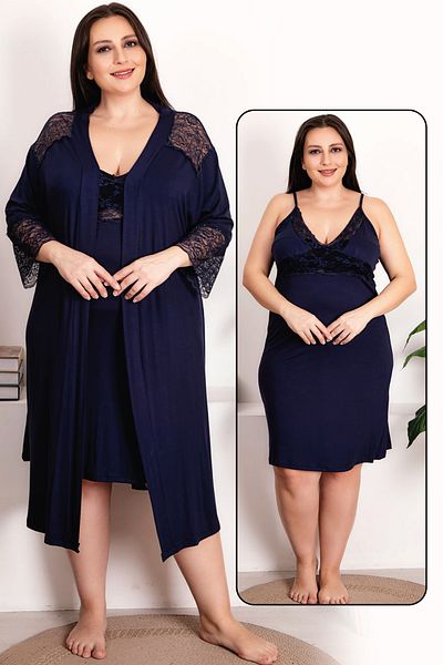 Jenny Daphne Navy Blue Viscose 2-Piece Nightgown and Dressing Gown Set - 19213