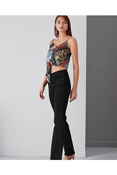 MAKRAS EXCLUSIVE بنطلون جينز نسائي أسود لامع بخصر عالٍ وساق واسعة على الطراز ...