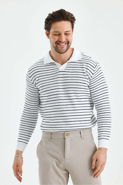 Tarz Cool Men's Placket Slim Fit Stripe Detailed Long Sleeve Polo Neck Knitwear Sweater