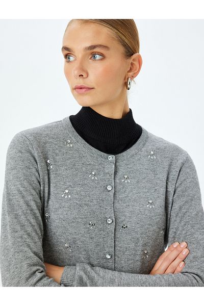 Koton X Melis Ağazat - Buttoned Long Sleeve Crew Neck Stone Knitwear Cardigan