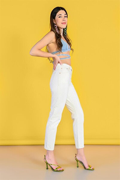 MAKRAS EXCLUSIVE A117038 Lycra No-Show White High Waist Mom Jeans Skinny Leg Denim Pants