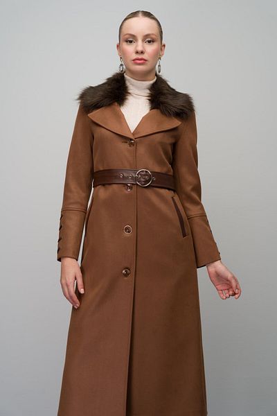 Olcay Καπάκι Gabardine Suede Look με αφαιρούμενο γιακά, γούνινη δερμάτινη ζώνη και λεπτομέρεια Birit TABA 6645