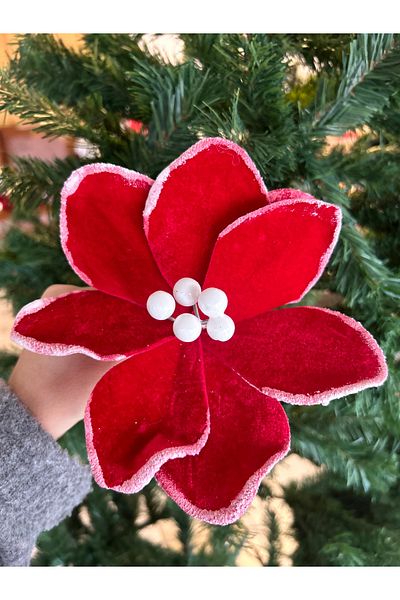Partifabrik Christmas Tree Velvet Red White Color Luxury Flower Ornament 30 cm 1 Piece - Christmas Ornament