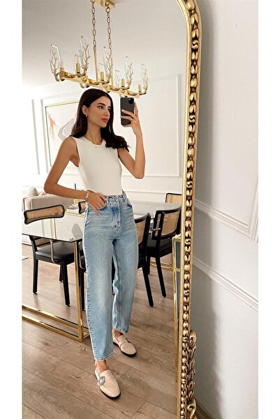 JAXEN NS-63470 Blue Mom Jean talie înaltă Jeans Pantaloni de blugi cu picioare înguste