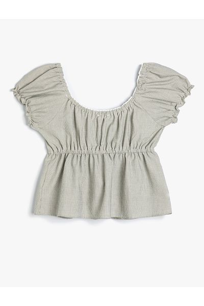 Koton Popeline-Bluse mit Ballonärmeln, kurze Ärmel, Rundhalsausschnitt, geknöpft, Baumwolle, Slim Fit
