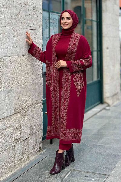 Bym Fashion Glittered Ethnic Pattern Processing Detailed Knitwear Cardigan 18189 Burgundy-Gold