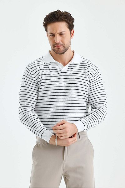 Tarz Cool Men's Placket Slim Fit Stripe Detailed Long Sleeve Polo Neck Knitwear Sweater
