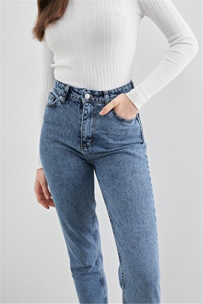 ByCukurovaFrango Leo ženske Visok struk plave snježne pantalone Sa likrom Mom...