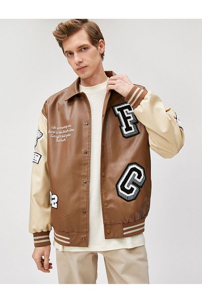 Koton College Jacket Leather Look Embroidered Snap Buttons Classic Collar