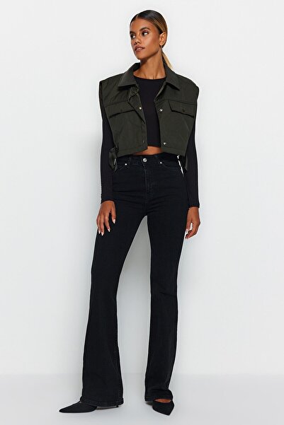 MAKRAS EXCLUSIVE A120578 High Waist Lycra Glitter Black Spanish Flare Jeans Pants Wide Leg Denim